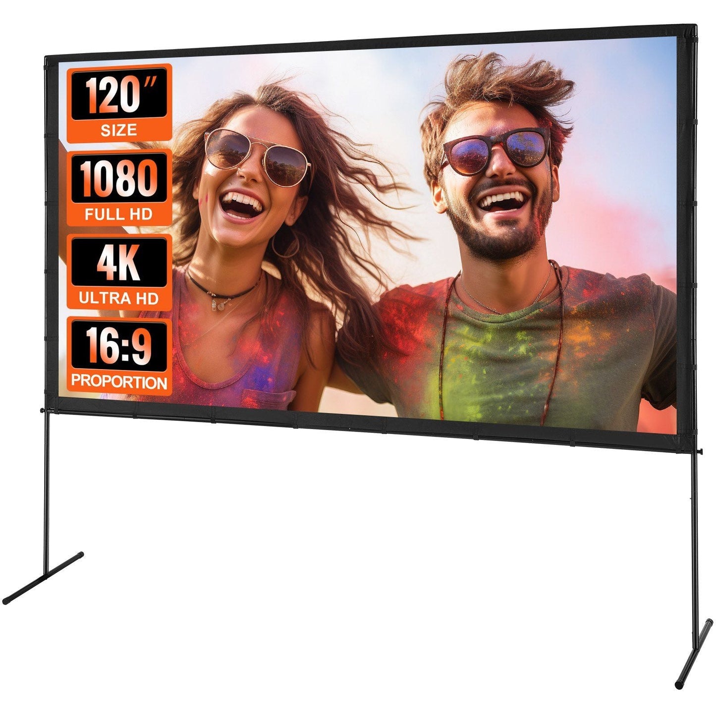 Projector Screen with Stand, 120 inch 16:9 4K 1080 HD Outdoor Movie Screen with Stand, Wrinkle-Free Projection Screen with Bar Feet and Carry Bag, for Home Theater Cinema Backyard Movie Night