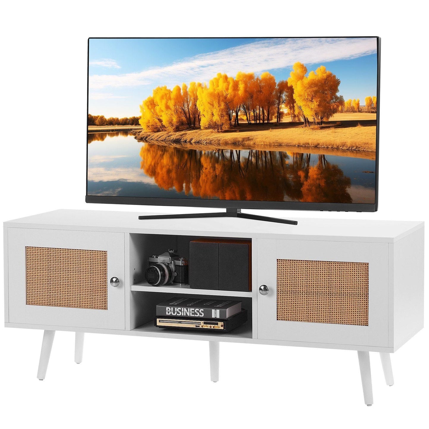 Rattan TV Stand, Boho TV Cabinet for 55 inch TV, Mid Century Modern TV Stand, Rattan TV Console with Adjustable Shelfs for Living Room, Media Room, White