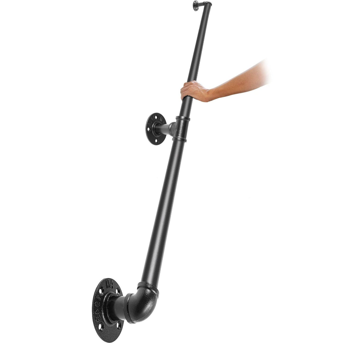 Pipe Stair Handrail, 6FT Staircase Handrail, 440LBS Load Capacity Carbon Steel Pipe Handrail, Industrial Pipe Handrail with Wall Mount Support, Round Corner Wall Handrailings for Indoor, Outdoor