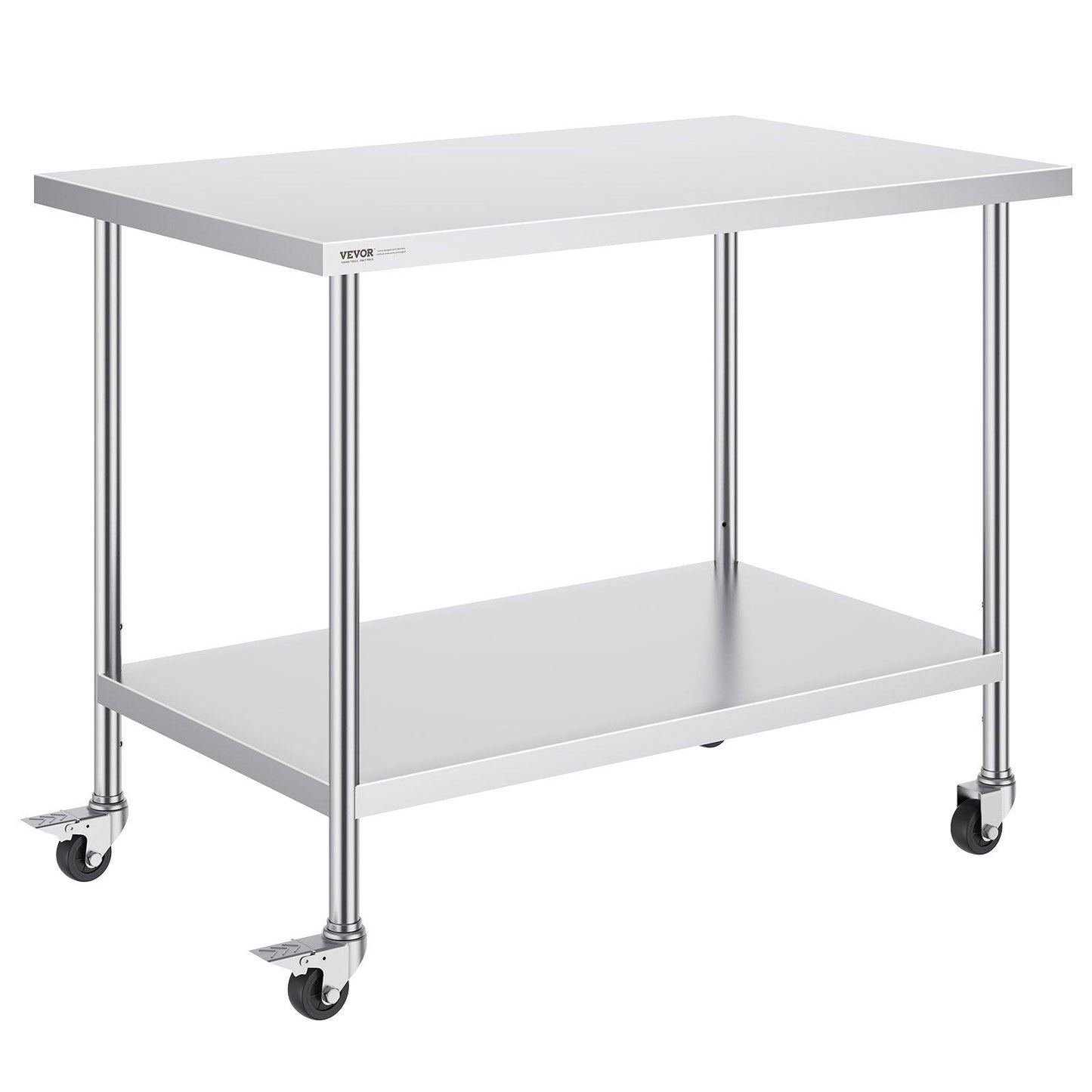 Stainless Steel Work Table 30 x 48 x 38 Inch, with 4 Wheels, 3 Adjustable Height Levels, Heavy Duty Food Prep Worktable for Commercial Kitchen Restaurant, Silver