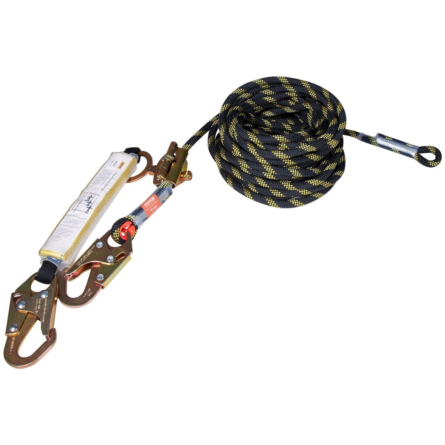 Vertical Lifeline Assembly, 0.55'' x 50' Fall Protection Rope with 30 KN Breaking Tension, Polyester Roofing Rope with Steel Snap Hooks, Rope Grab, and Shock Absorber, ANSI Compliant