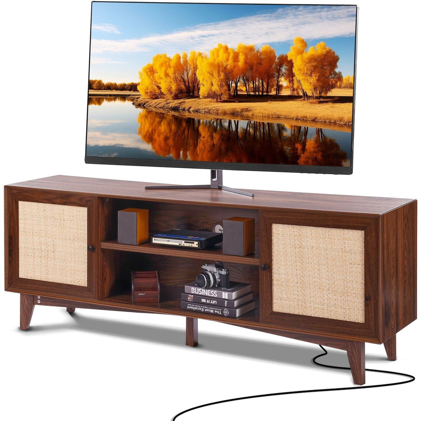 Rattan TV Stand for 75in TV, Boho TV Stand with Rattan Door, Entertainment Center with Build-in Socket, Storage Cabinet with 2 Shelves, Modern TV Console for Living Room, Media Room, Walnut