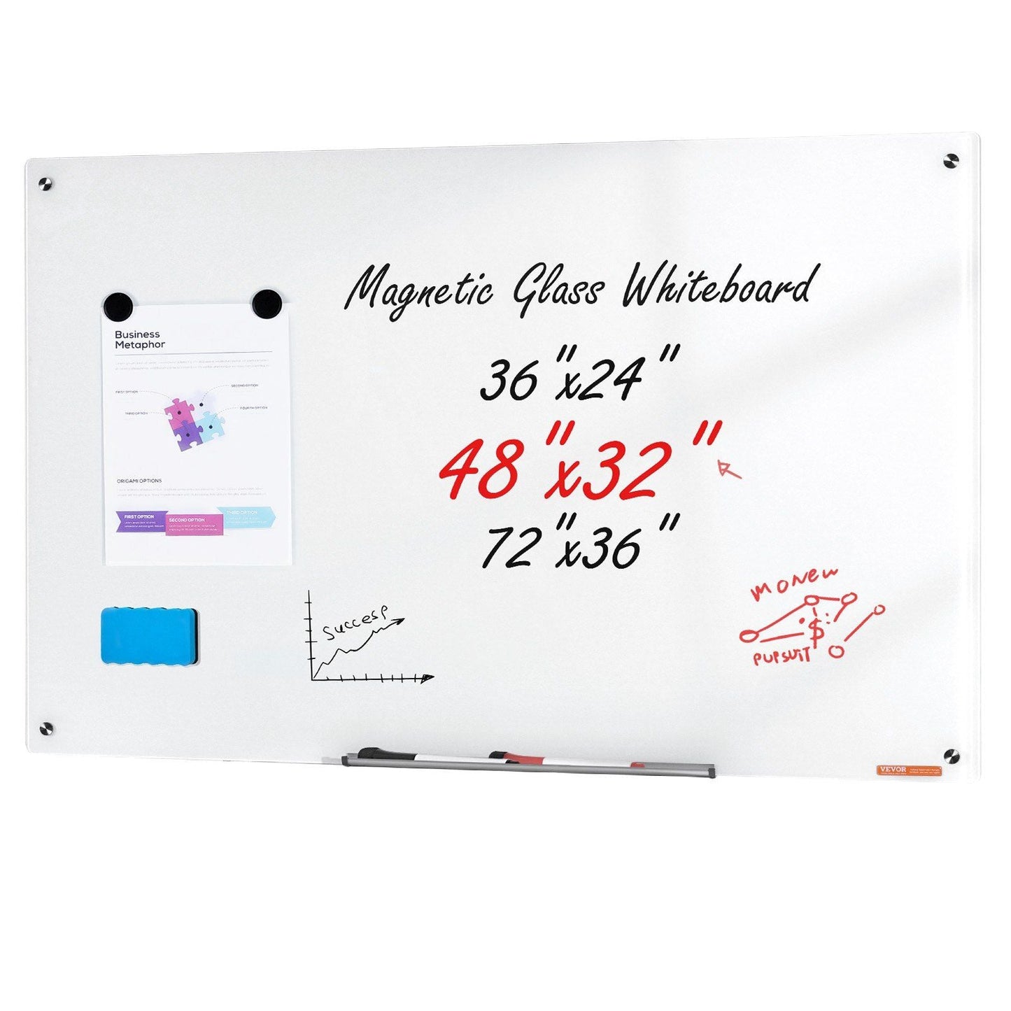 Magnetic Glass Whiteboard, Dry Erase Board 48"x32", Wall-Mounted Large White Glassboard Frameless, with Marker Tray, an Eraser and 2 Markers, White