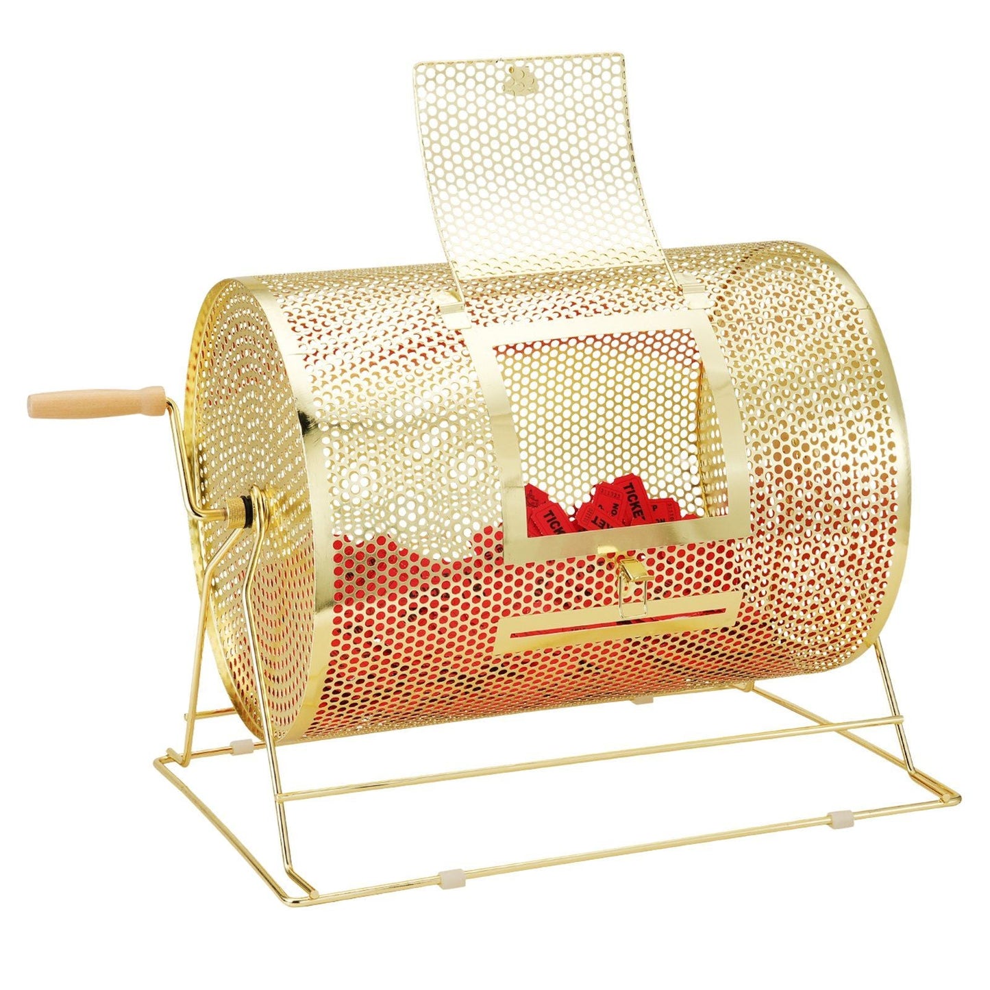 Raffle Drum, Holds 5000 Tickets or 200 Ping Pong Balls, Metal Lottery Spinning Drawing with Wooden Turning Handle,16.1 x Ø12 inch Brass Plated Raffle Ticket Spinning Cage, for Bingo Ballot Part