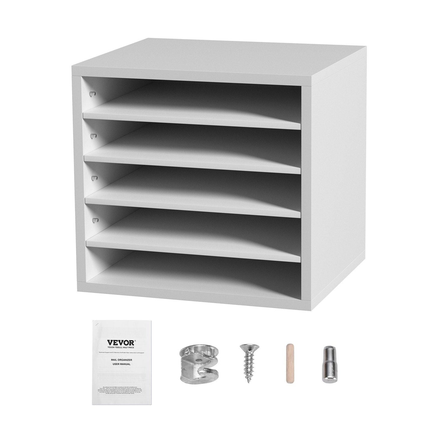 Literature Organizers, 5 Compartments Office Mailbox with Adjustable Shelves, Wood Literature Sorter 13.9x12x13 inches for Office, Home, Classroom, Mailrooms Organization, EPA Certified, White