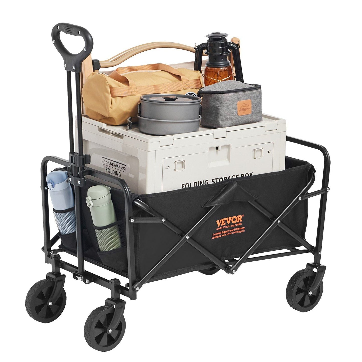 Collapsible Folding Wagon, 2 cu.ft Beach Wagon Cart with All-Terrain 5in Wheels, Heavy Duty Folding Wagon Cart 220 lbs Weight Capacity with Drink Holders, Wagon for Camping, Shopping, Garden