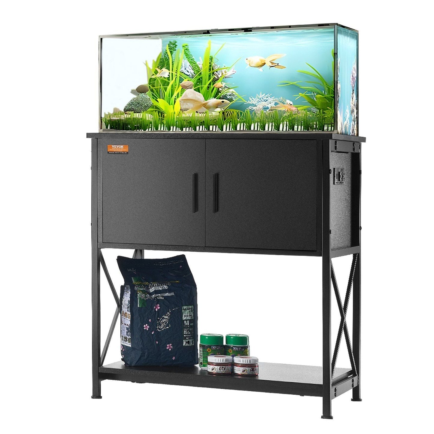 Aquarium Stand, 29 Gallon Fish Tank Stand, 28.7 x 16.5 x 30 in Steel and MDF Turtle Tank Stand, 242.5 lbs Load Capacity, Reptile Tank Stand with Storage Cabinet and Embedded Power Panel, Black