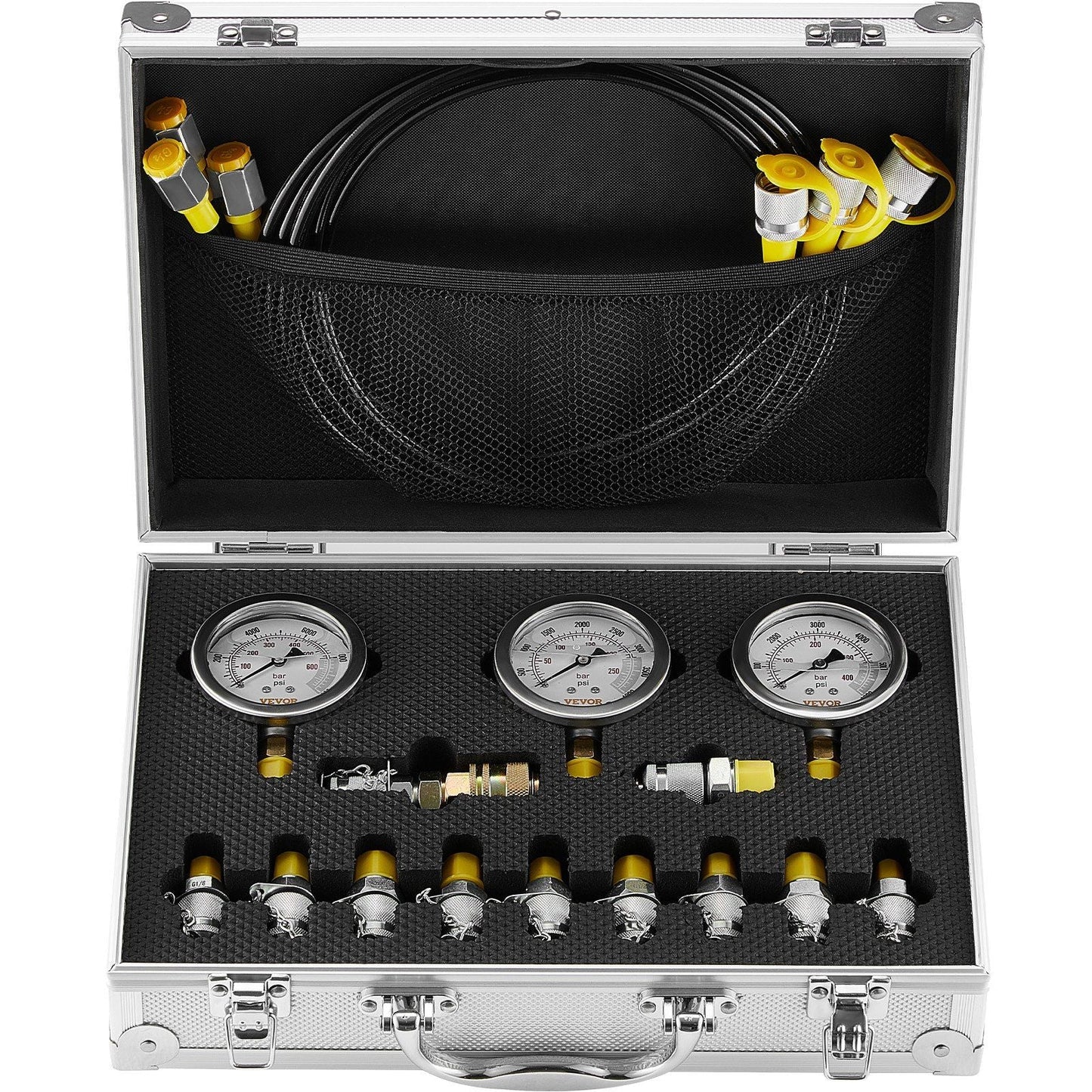 Hydraulic Pressure Test Kit, 250/400/600bar, 3 Gauges 11 Test Couplings 3 Test Hoses, Excavator Hydraulic Test Gauge Set with Portable Carrying Case for Excavator Tractors Construction Machinery