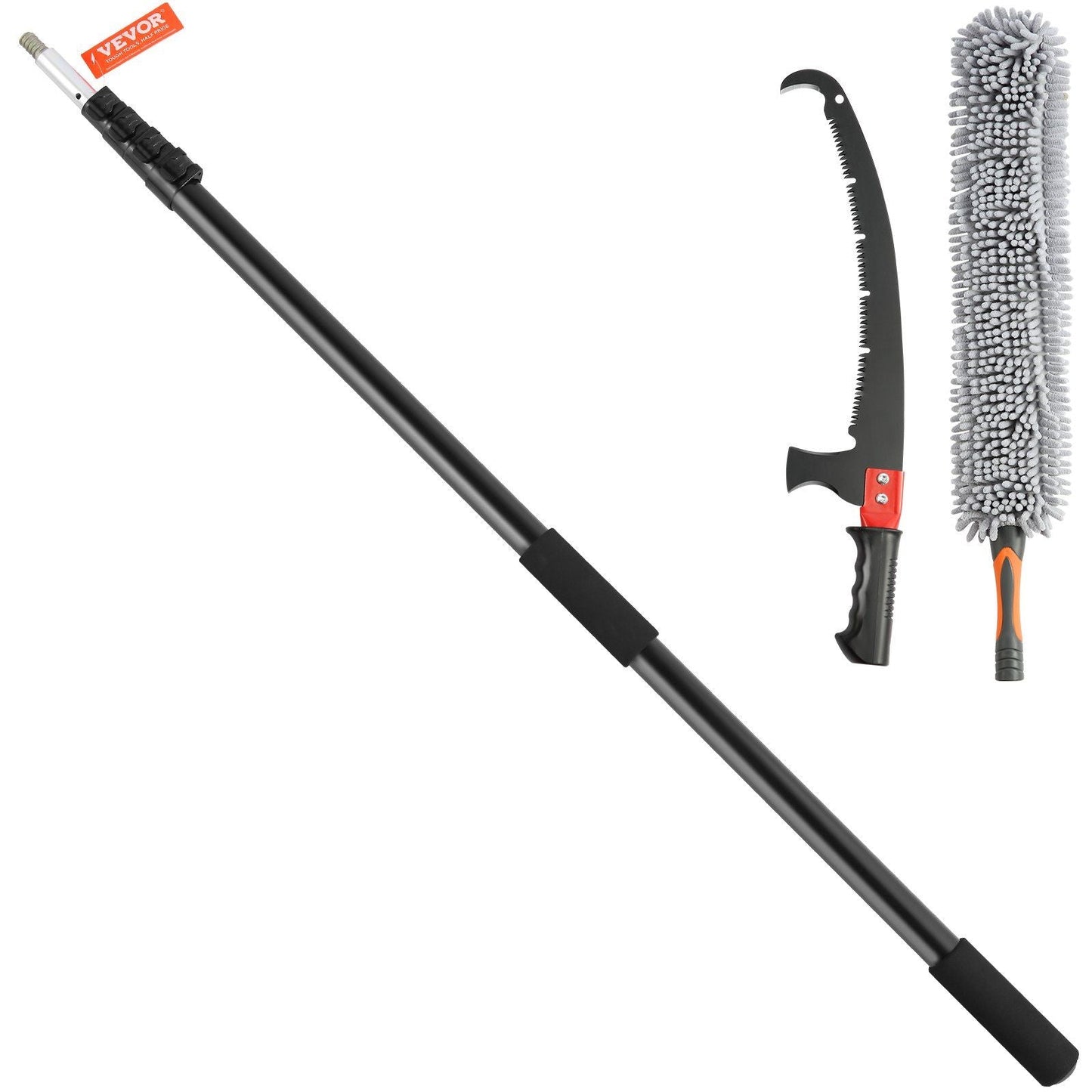 Manual Pole Saw, 4.9-20 ft Extendable Tree Pruner, Sharp Steel Blade for High Branches Trimming, with Lightweight Aluminum Alloy Handle and a Chenille Brush, for Pruning Palms and Shrubs