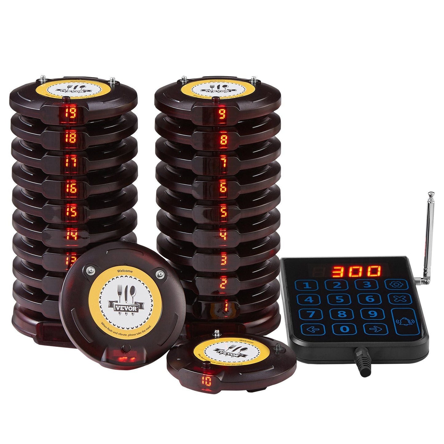 Restaurant Pager System, Wireless 500m Long Range Lineup Waiting Queue Signal, Guest Customer Calling Beepers with Vibration & Flashing, 20 Buzzers for Food Truck, Church, Nursery, Hospital