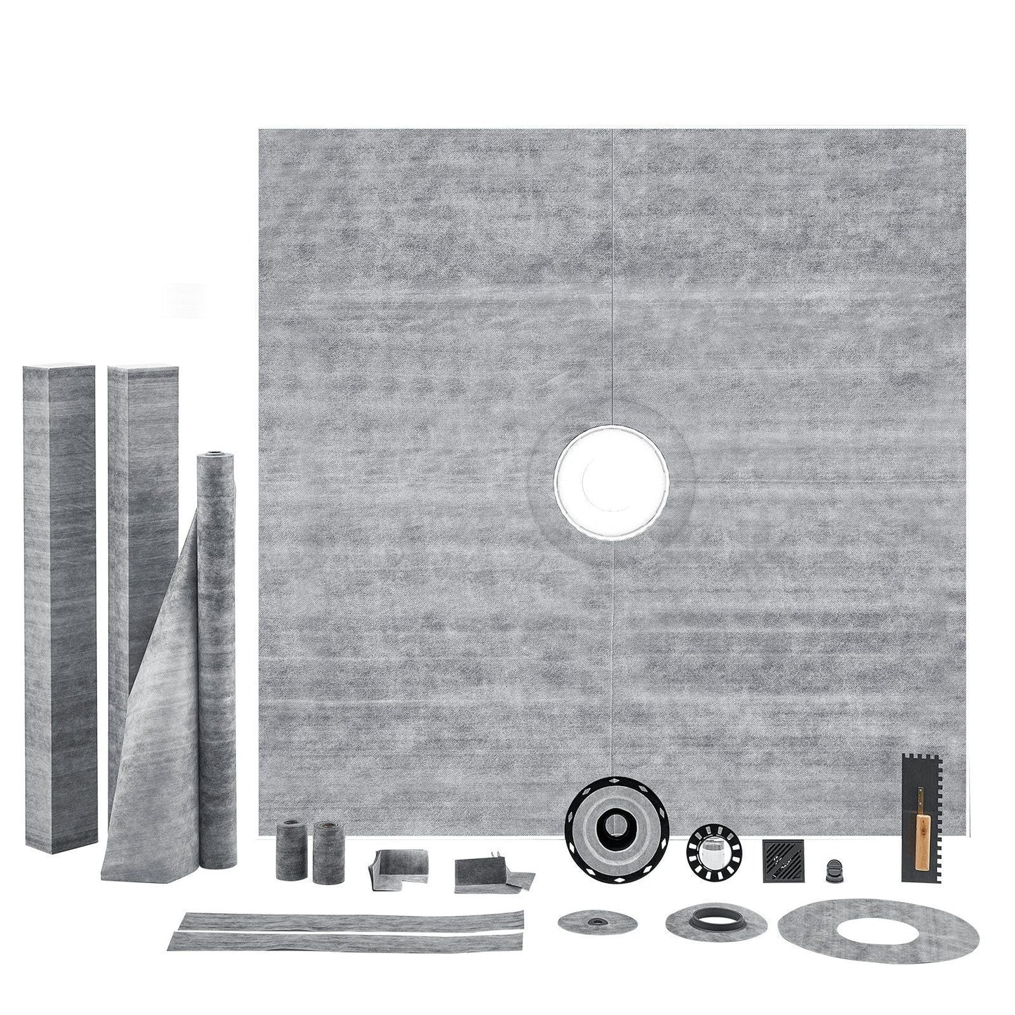 Shower Curb Kit, 72"x72" Shower Pan Kit with 2" PVC Central Flange, 4" Stainless Steel Grate, Waterproof Shower Curb & Membrane & Strip, Shower Pan Slope Sticks Fit for Bathroom
