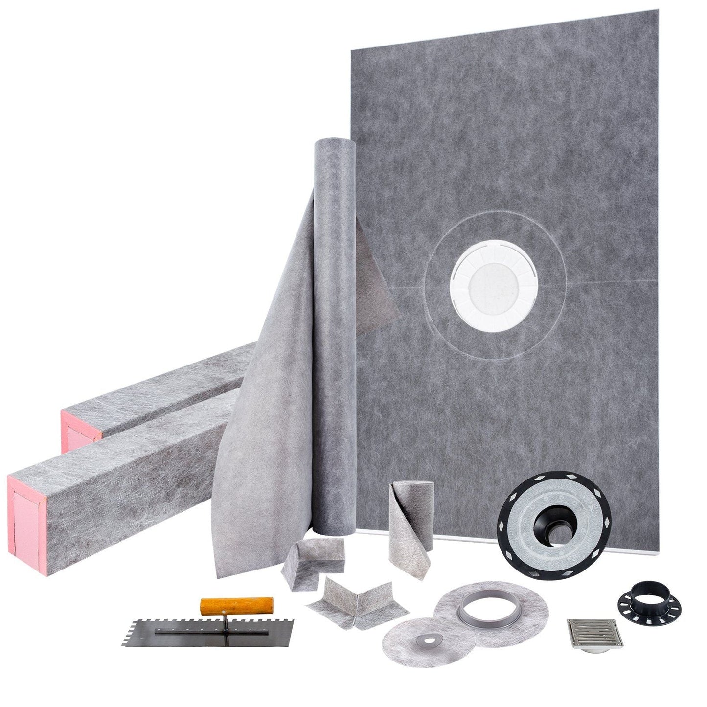 Shower Curb Kit, 48"x72" Watertight Shower Curb Overlay with 4" PVC Central Bonding Flange, 4" Stainless Steel Grate, 2 Cuttable Shower Curb and Trowel, Shower Pan Slope Sticks Fit for Bathroom