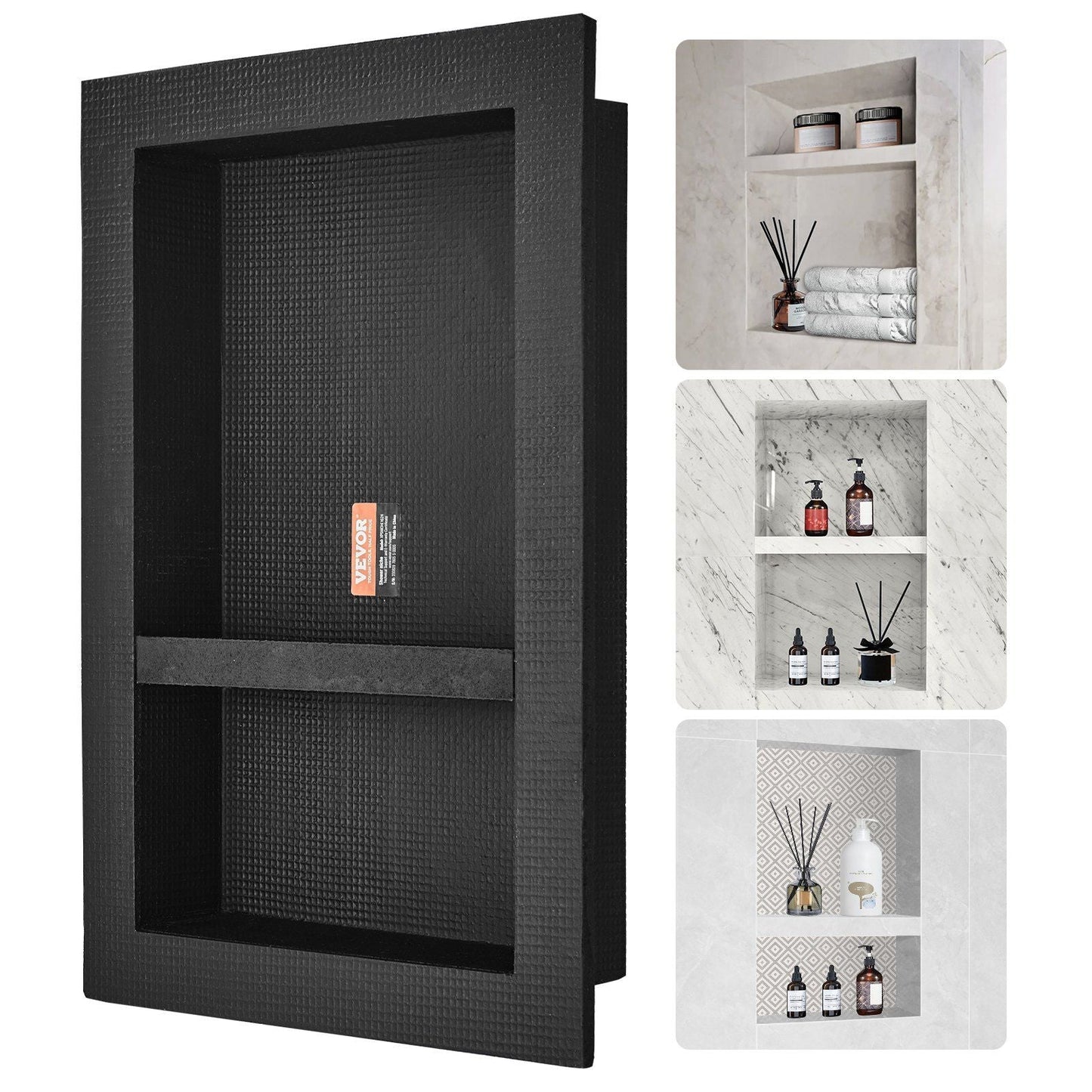 Shower Niche Ready for Tile 16" x 24", Double Shelf Organizer, Square Corners Wall-inserted Niche Recessed, Sealed Protection Modern Soap Storage Niche for Shower Bathroom, Black