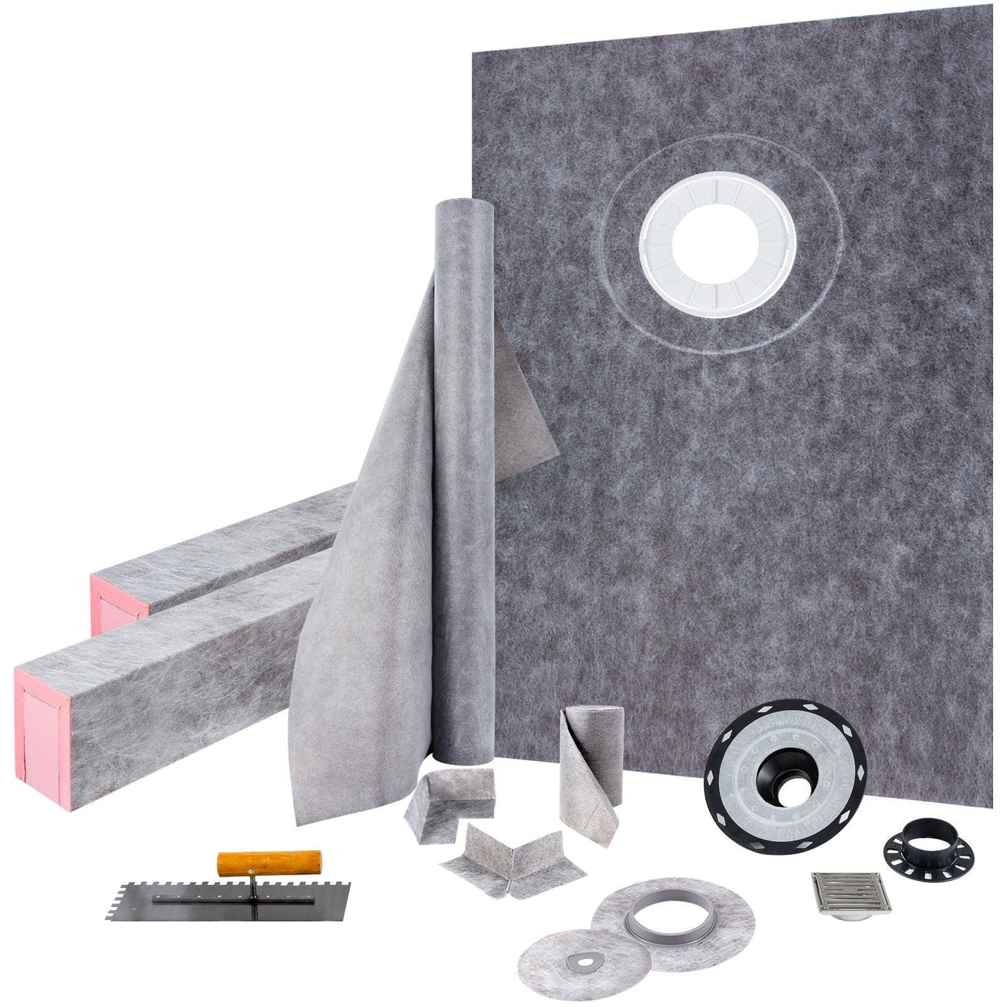 Shower Curb Kit, 38"x60" Watertight Shower Curb Overlay with 4" ABS Offset Bonding Flange, 4" Stainless Steel Grate, 2 Cuttable Shower Curb and Trowel, Shower Pan Slope Sticks Fit for Bathroom