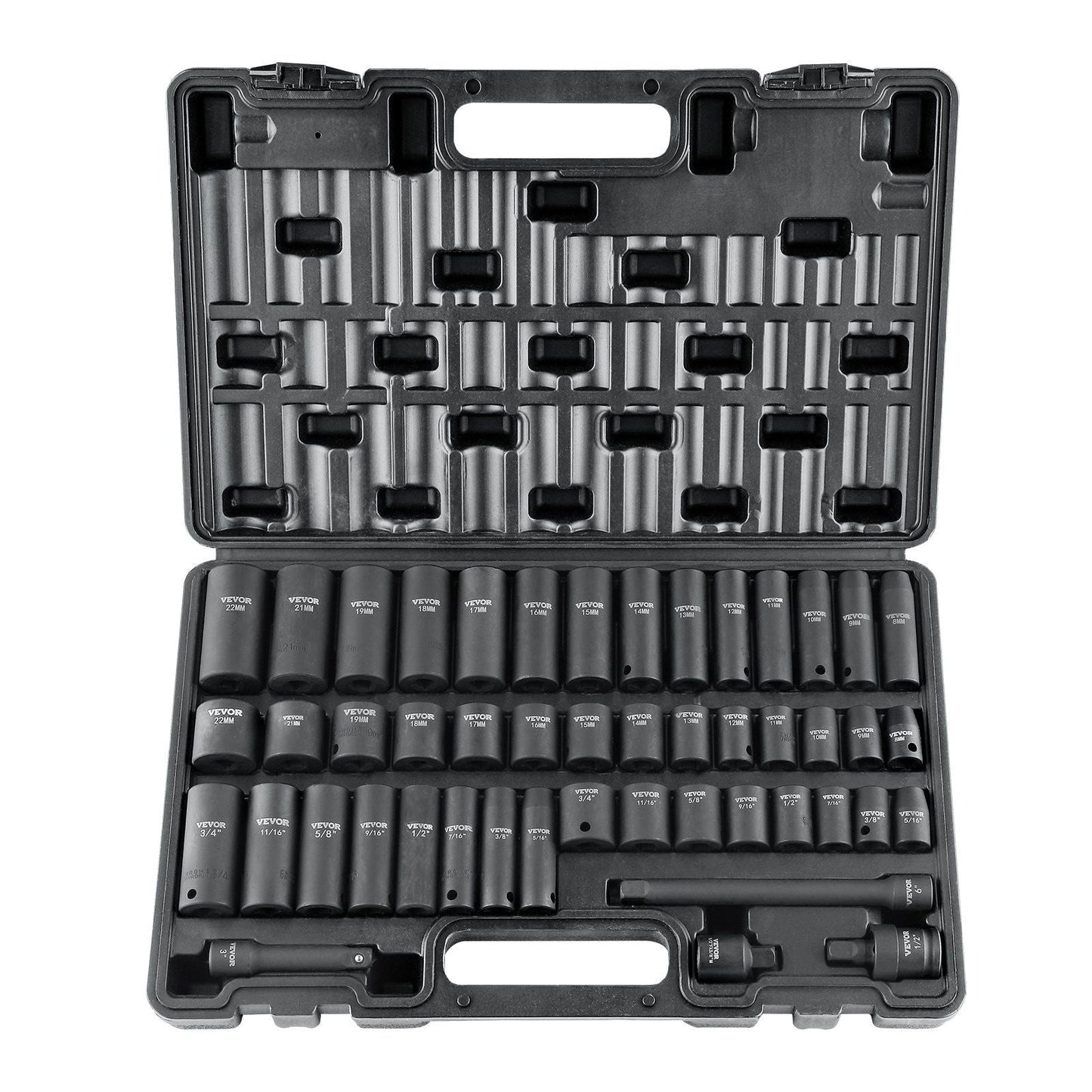 3/8" Drive Impact Socket Set, 48 Piece Socket Set SAE (5/16" -3/4") & Metric (8-22mm)6 Point Cr-V Drive Extension Bar Universal Joint & Power Drill Adapter Includes Storage Case