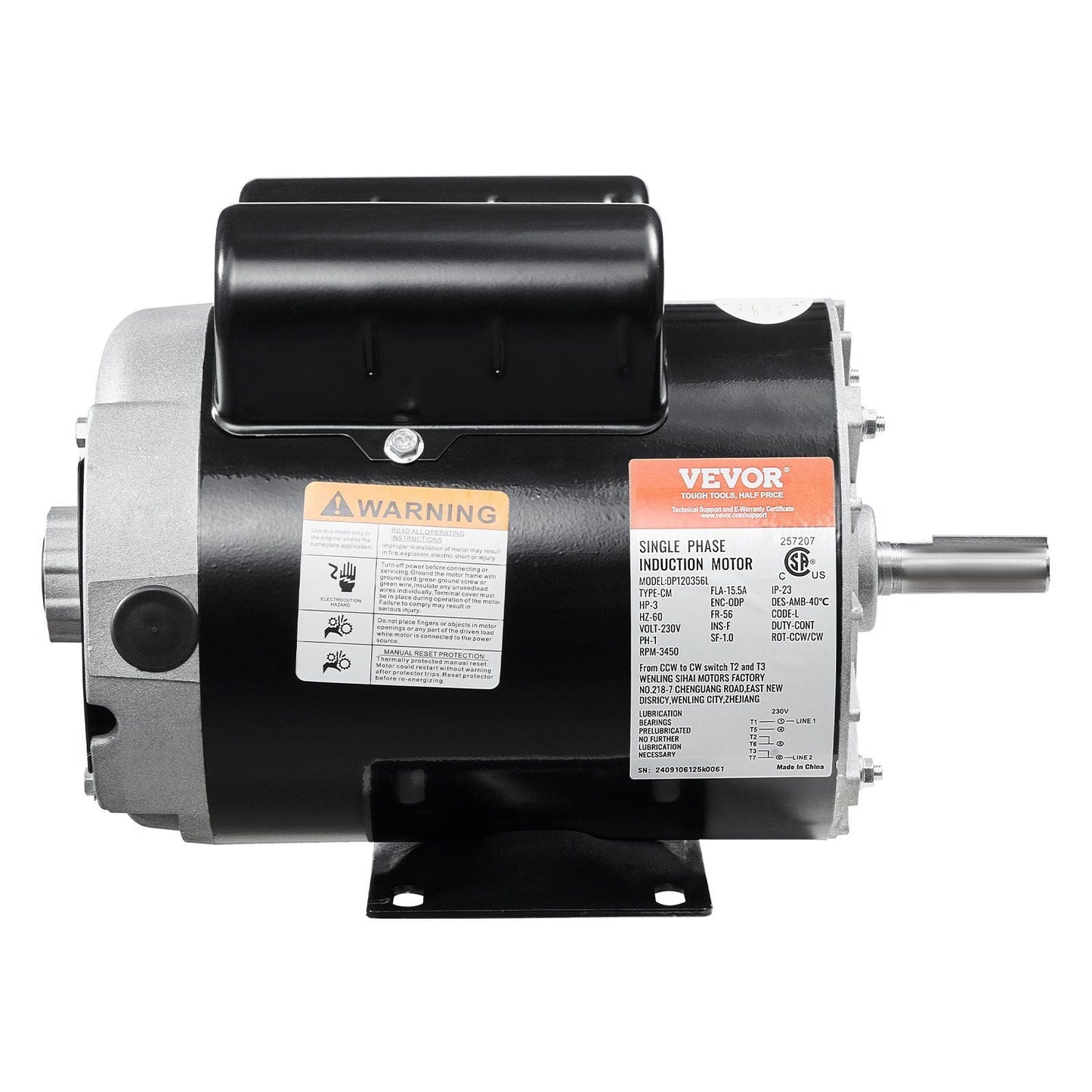 3HP Air Compressor Electric Motor 230V 15.5A 3450RPM 56 Frame CW/CCW Rotation