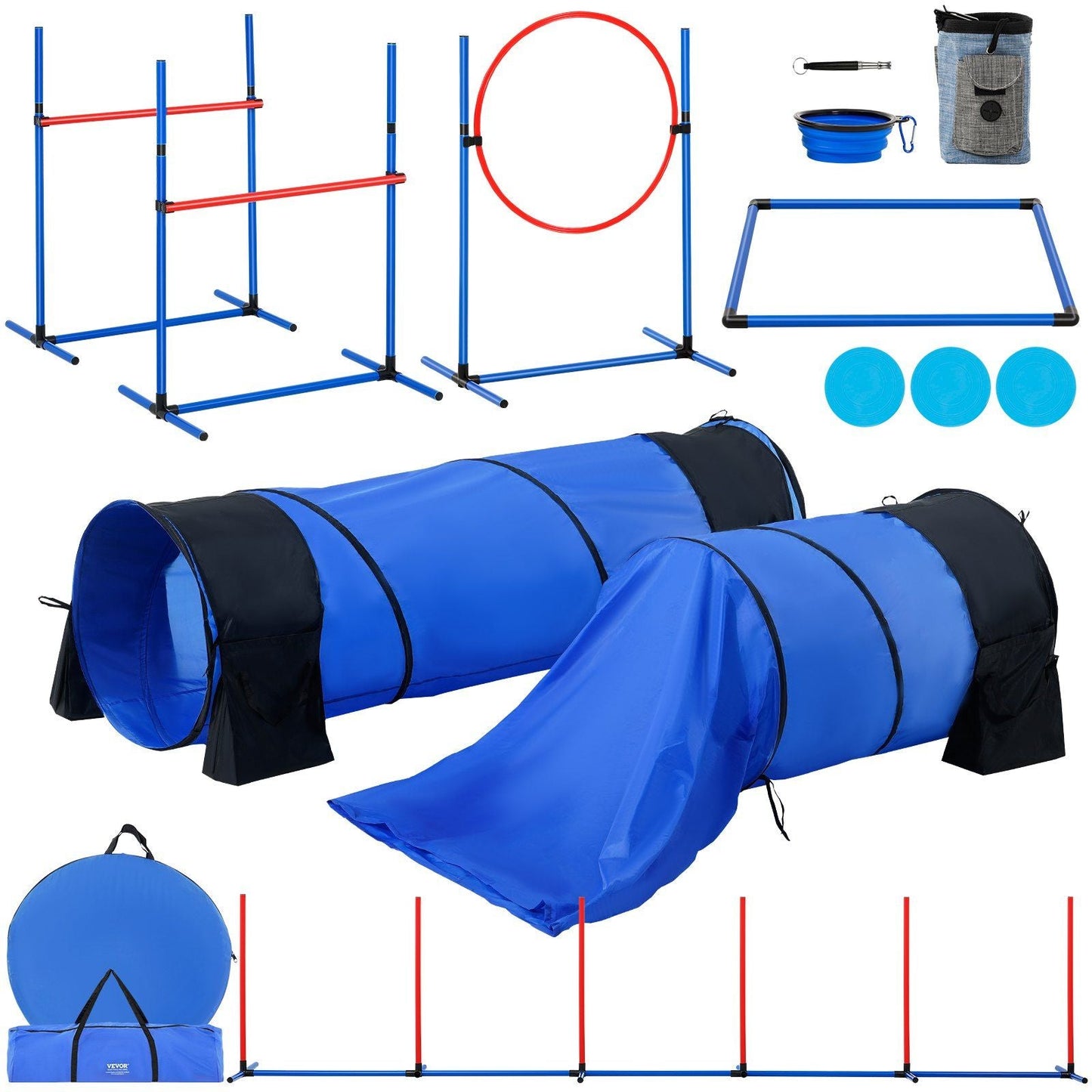 Dog Agility Training Equipment 7 PCS Set w/ Hurdles 2 Tunnels Jump Ring