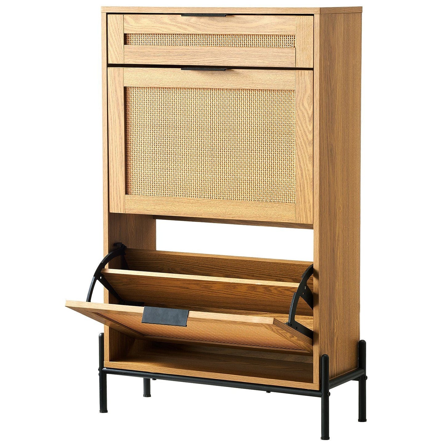 Rattan Shoe Cabinet, Narrow Shoe Storage Organizer with 2 Flip Rattan Drawers & 1 Slide Drawer, Metal Legs, Slim Shoe Entryway Cabinet Ideal for Entryway, Closet, Hallway, Light Wood Color