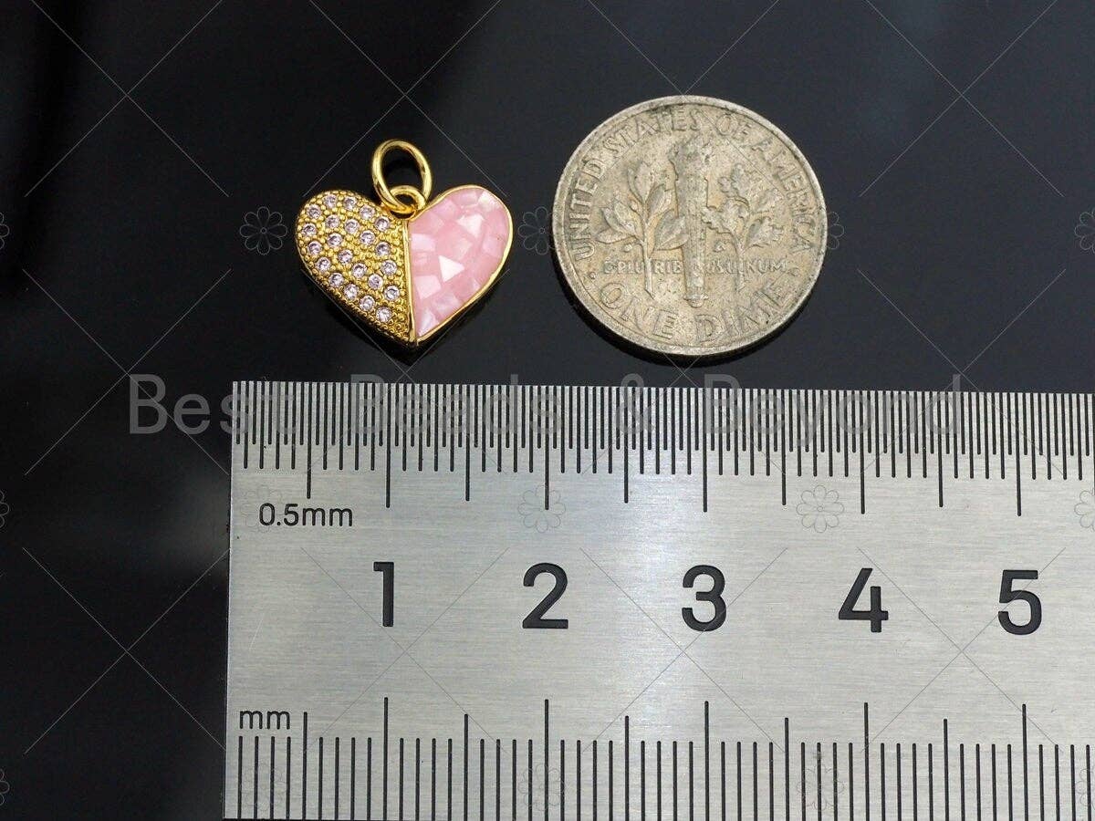 Heart Pink Pendant/Charm, Pink Mother-of-pearl Heart Pendant, Cubic Zirconia Pendant, Gold Tone,14x11 mm, Sku#LK72
