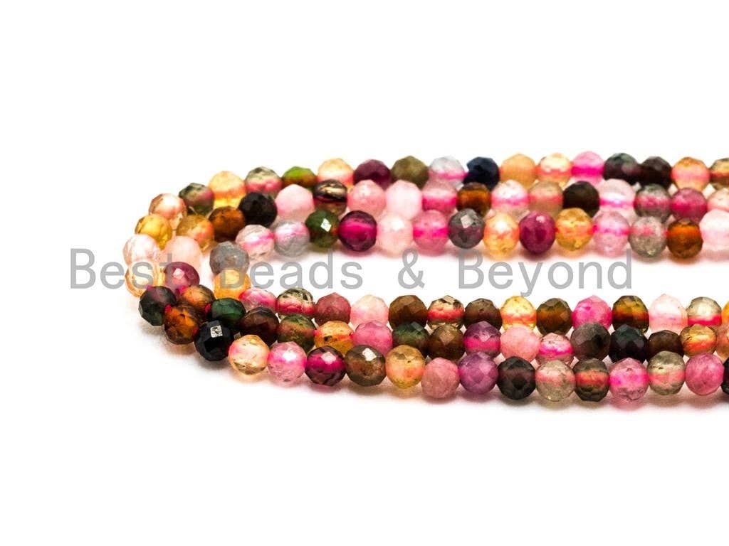 Natural Tourmaline Round Faceted beads, 2mm/3mm/4mm Multicolor Gemstone Beads, 15.5'' Full Strand, SKU#U69