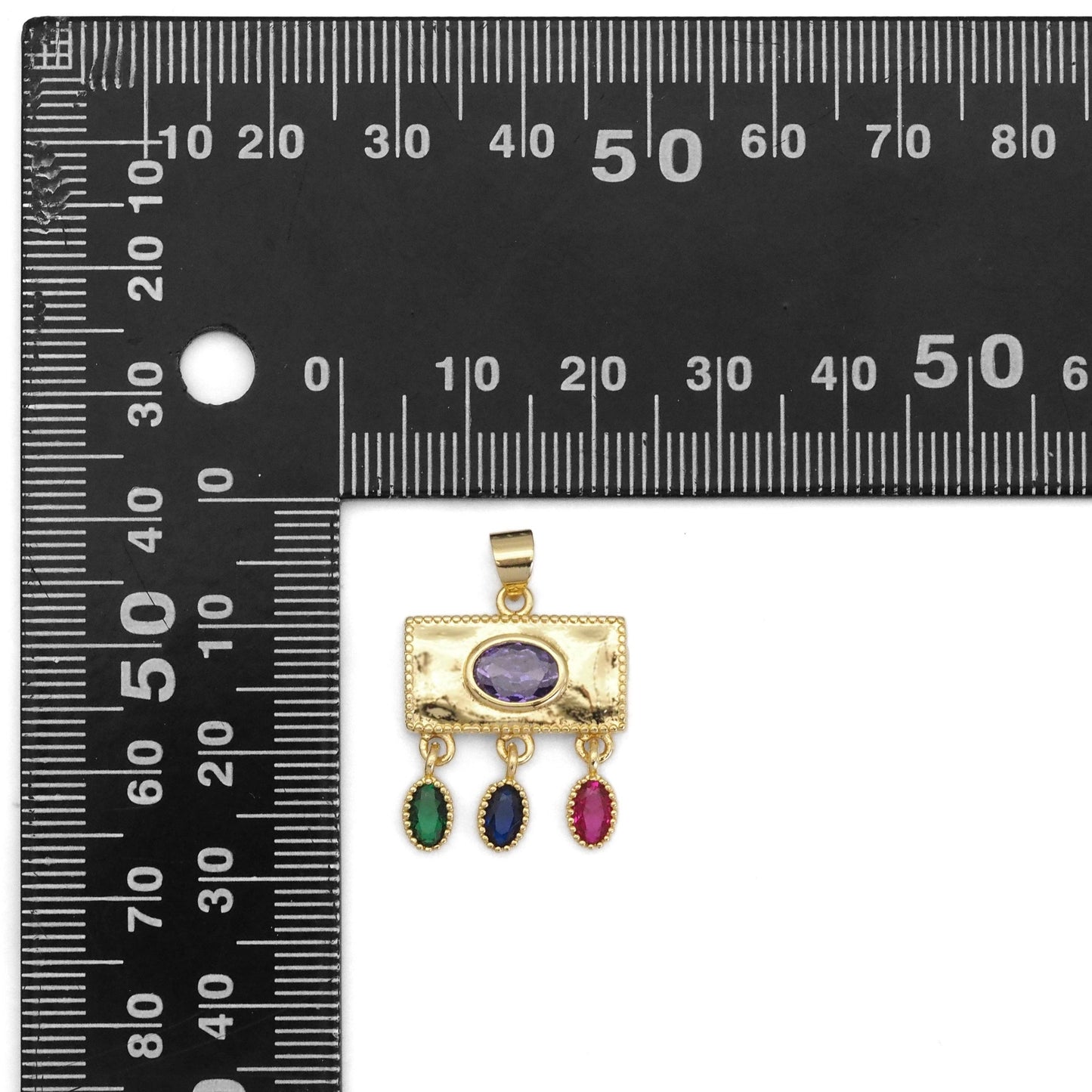 Colorful CZ Gold Rectangle with Dangle Charm, Sku#LK831