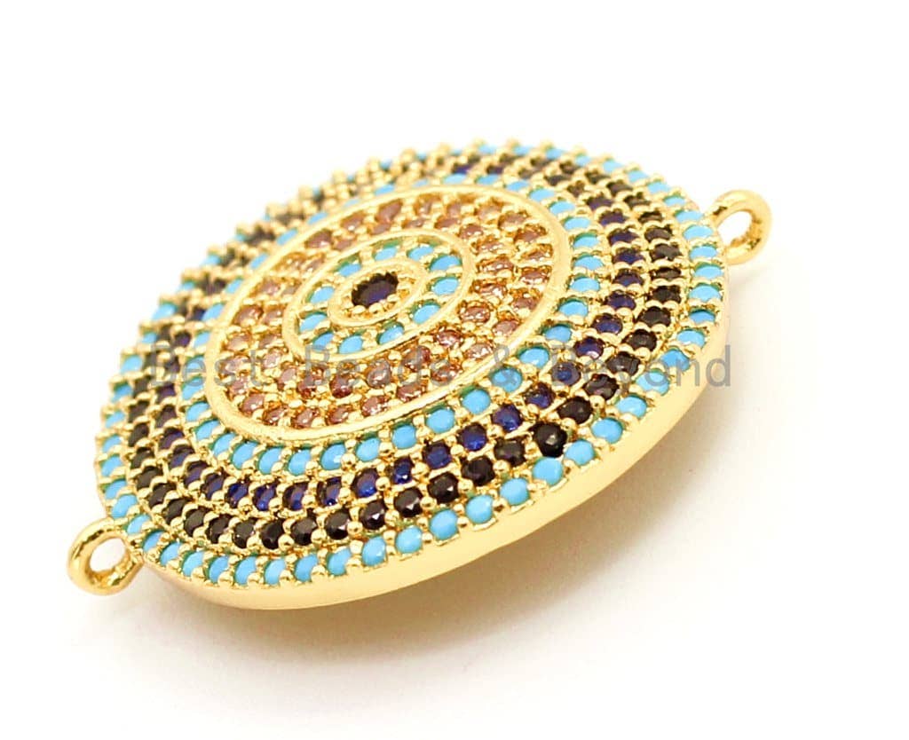 CZ Micro Pave Turquoise Cobalt Round Coin Connector for Bracelet/Necklace, Cubic Zirconia Space Connector, 23mm, 1pc, sku#E27