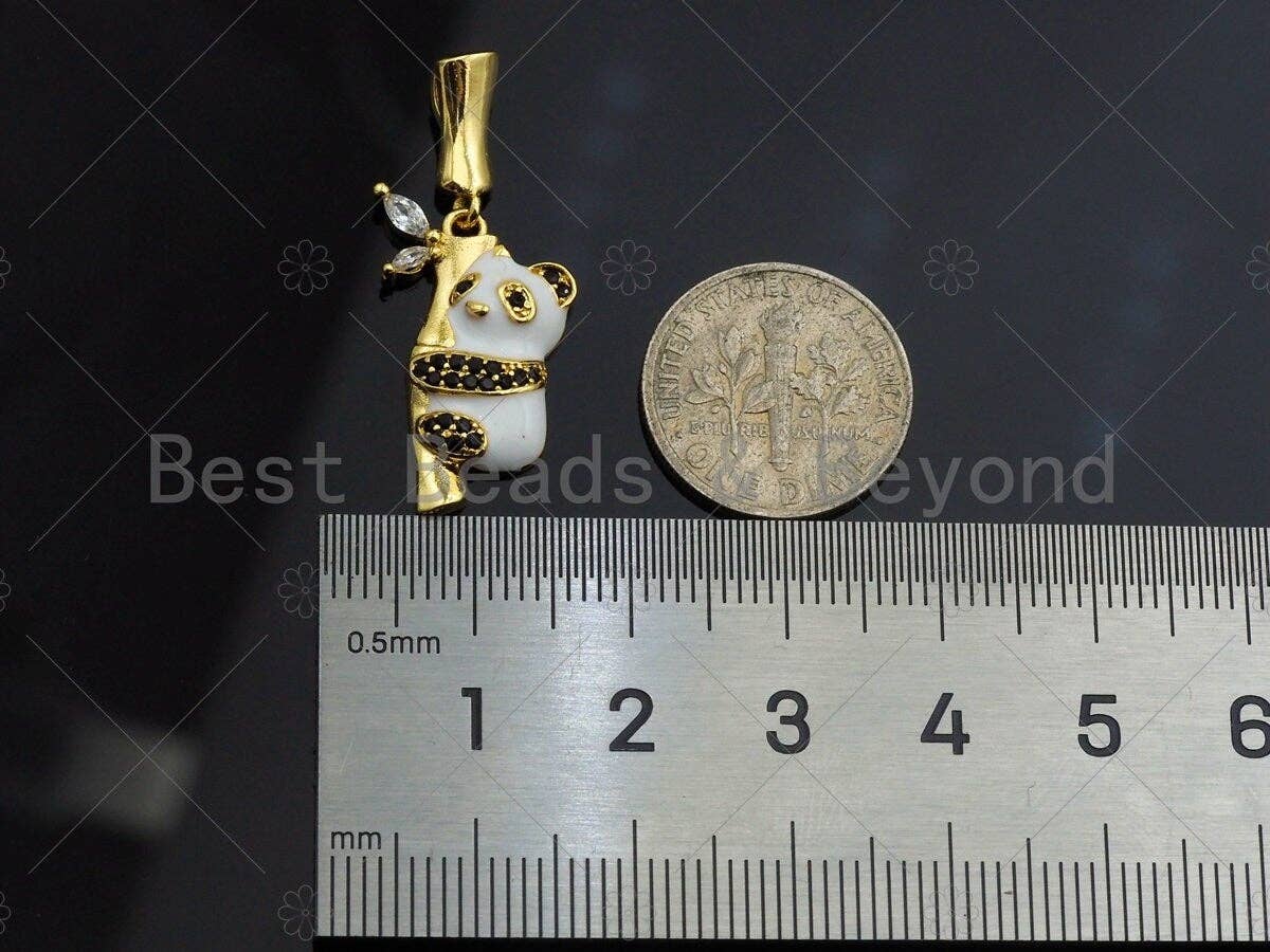 CZ Micro Pave Pandas on Bamboo Pendant/Charm,Panda Charm, Panda pendant, Cubic Zirconia Pendant, 15x22mm,Sku#LK113