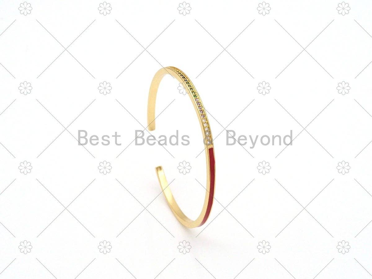 Colorful CZ Micro Pave with Enamel Adjustable Bangle Bracelat, 18K Gold Filled Enamel Open Bracelate, Stacking Bracelet, 3x62mm,Sku#LK490