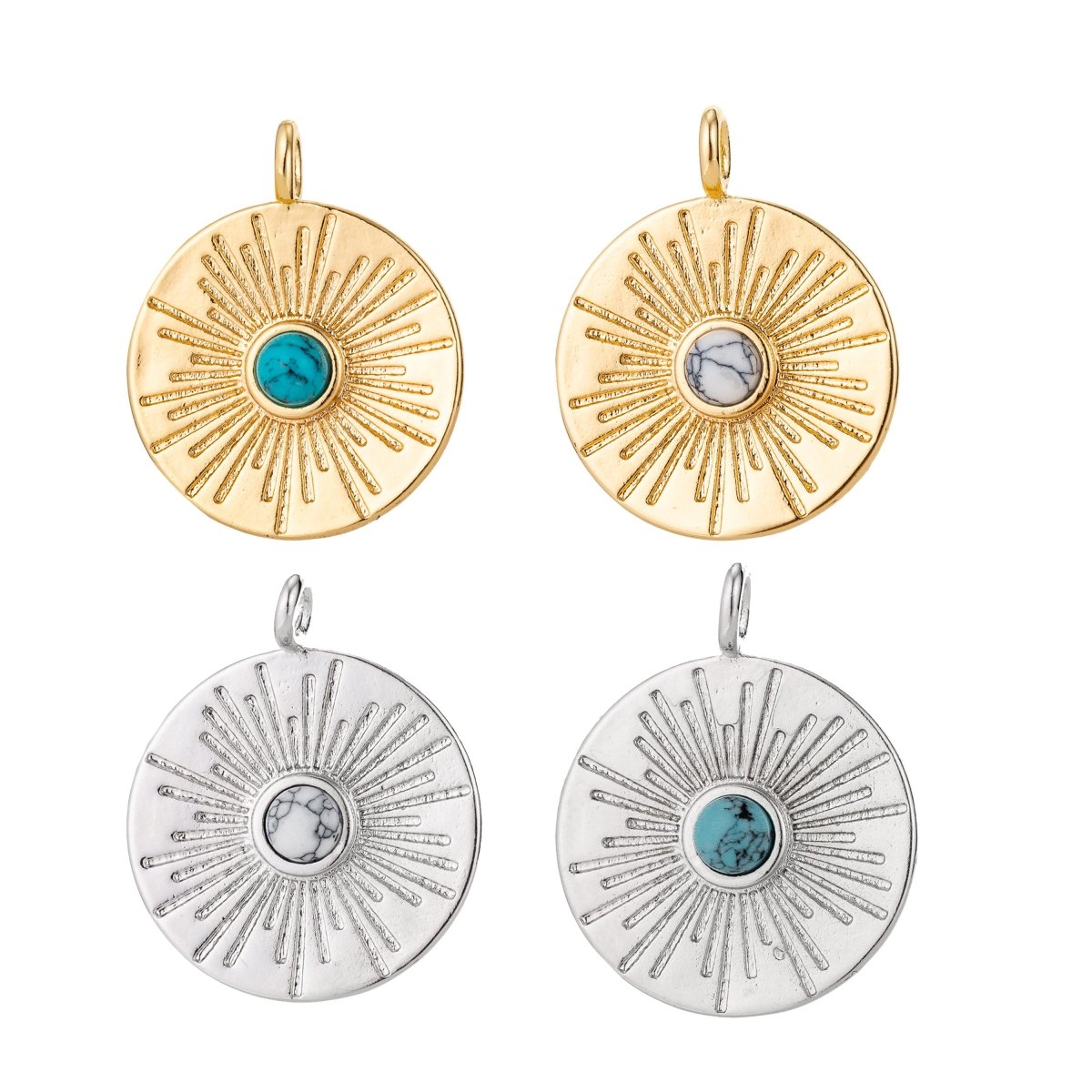 Dainty 18K Gold Filled / White Gold Sun Sunburst Coin Charm Turquoise / White Howlite Charm for Earring Necklace Jewelry Making Supplies D-778