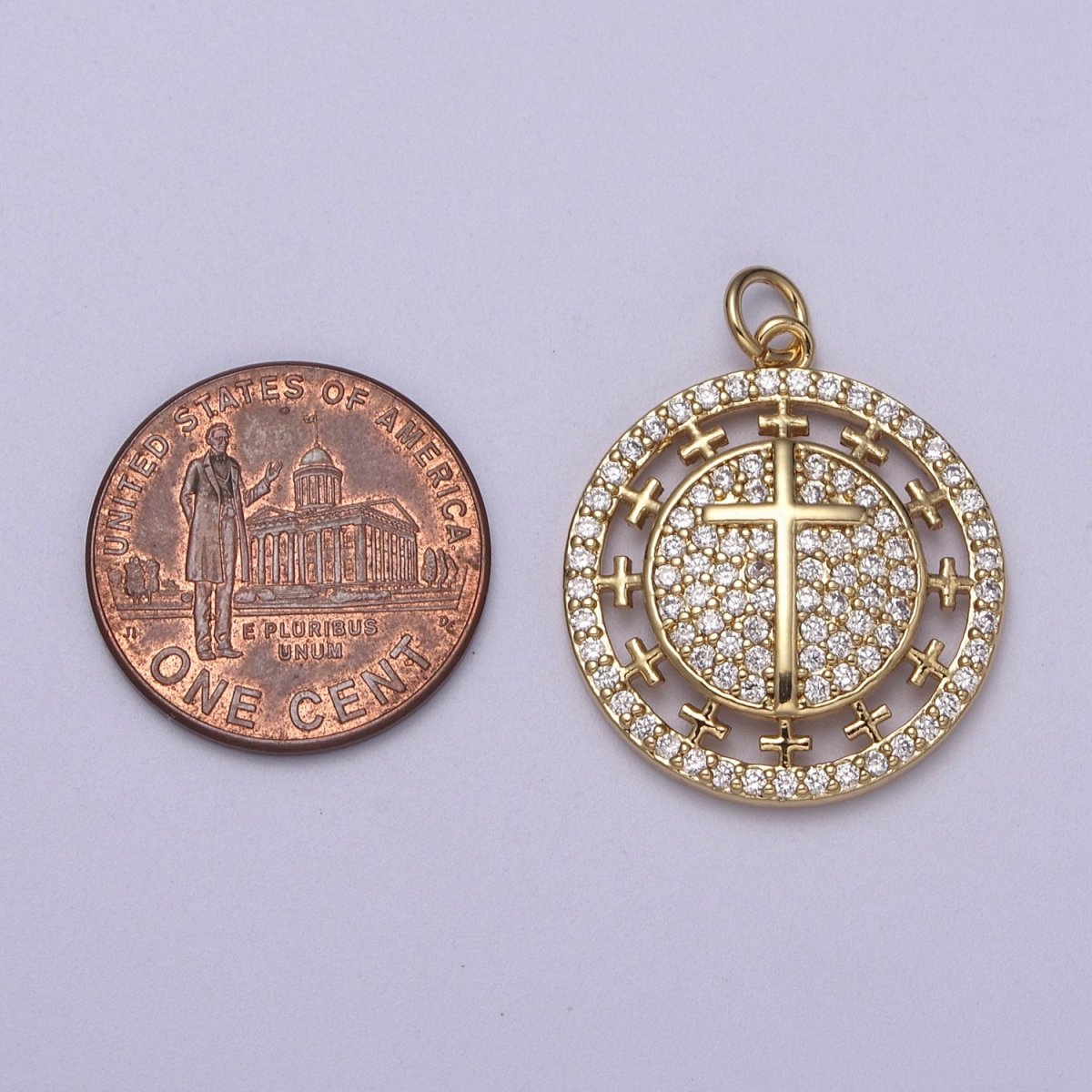 Dainty Cubic Cross Round Coin Medallion Pendant in Gold Catholic Charms Religious Jewelry N-338