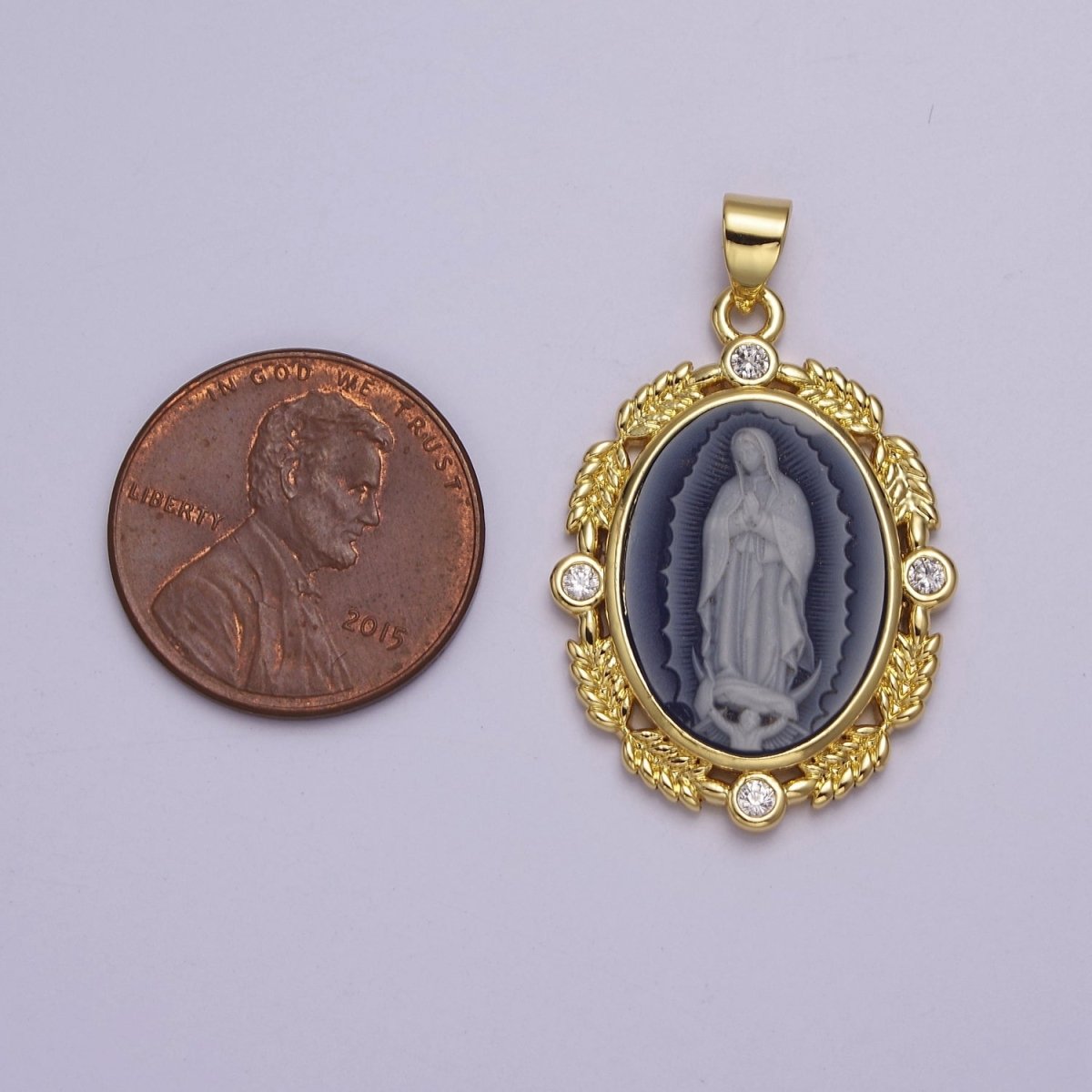 Dainty Micro Pave Vintage Blue Agate Virgin Mary pendant Lady Guadalupe cameo jewelry Charm Necklace J-185