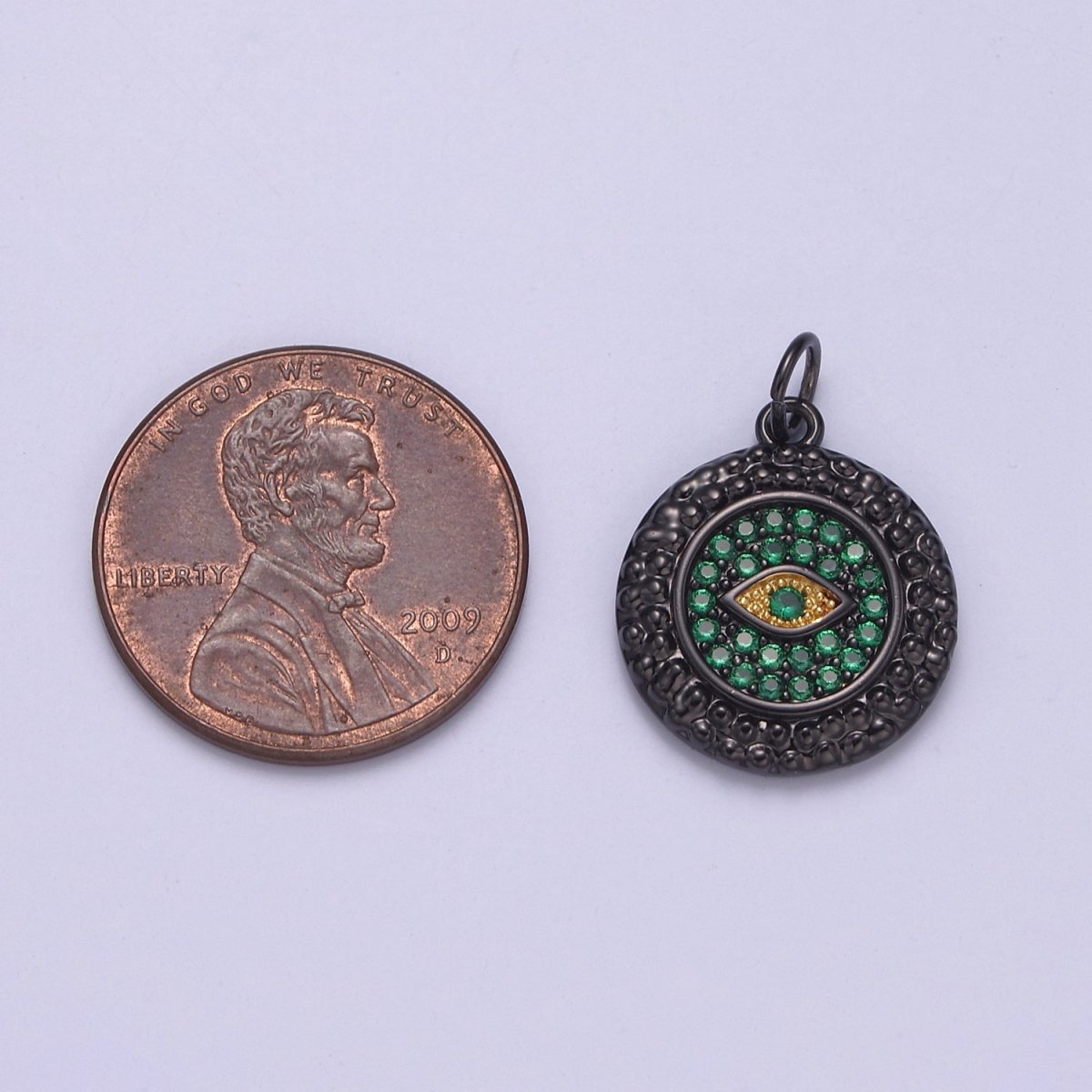 Dainty Pave black diamond Evil Eye Charm CZ Diamond Round Coin Charm Emerald Green Crystal N-832