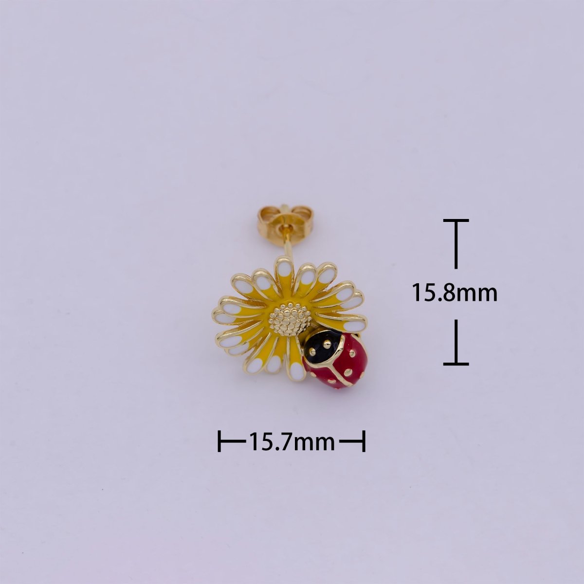 Dainty Sun Flower With Lady Bug Stud Earring Yellow Red Enamel T-261