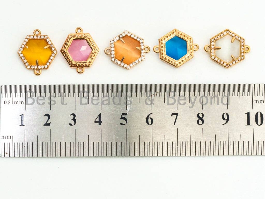 Hexagon Bezel Connector with Faceted Cat's Eye Stone, Gold Plated CZ Micro Pave Frame Connector, Topaz/Blue/White/Pink 14x18mm, sku#A79