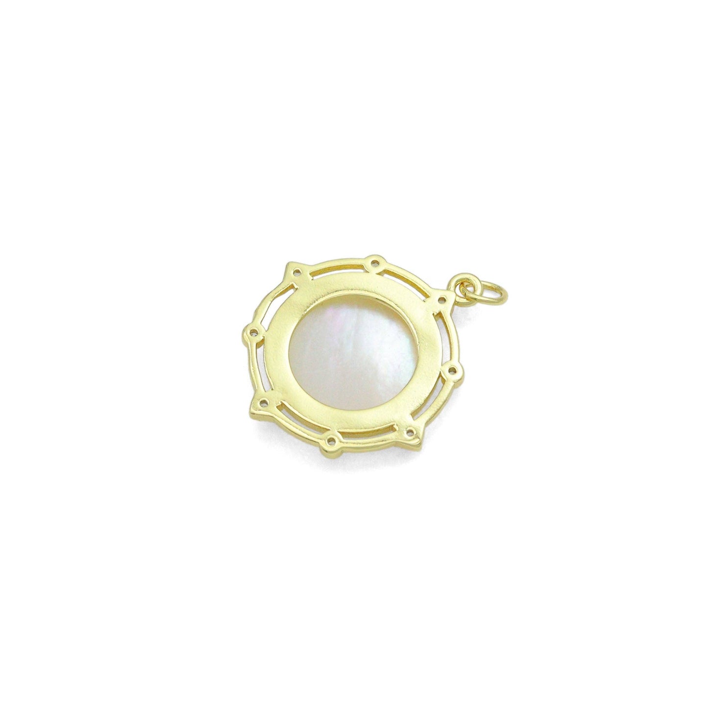 Clear CZ Angel On Round White Pearl Gold Charm Pendant, Sku#LX806
