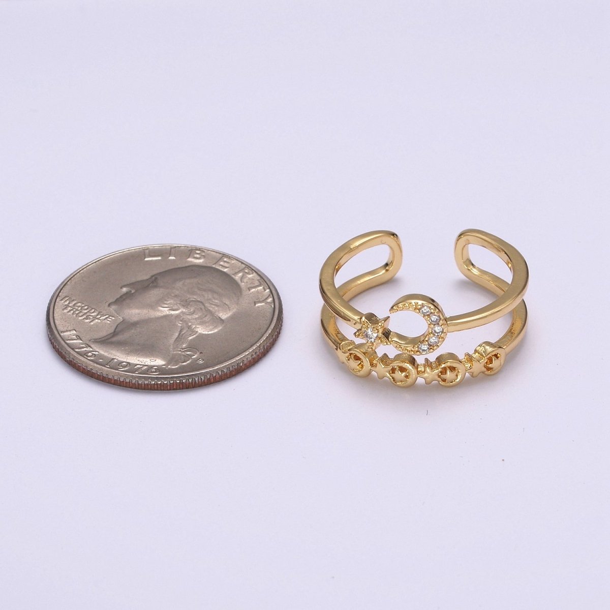 Double Band Crescent Moon Star Ring for Stackable Jewelry Open Adjustable Ring U-211