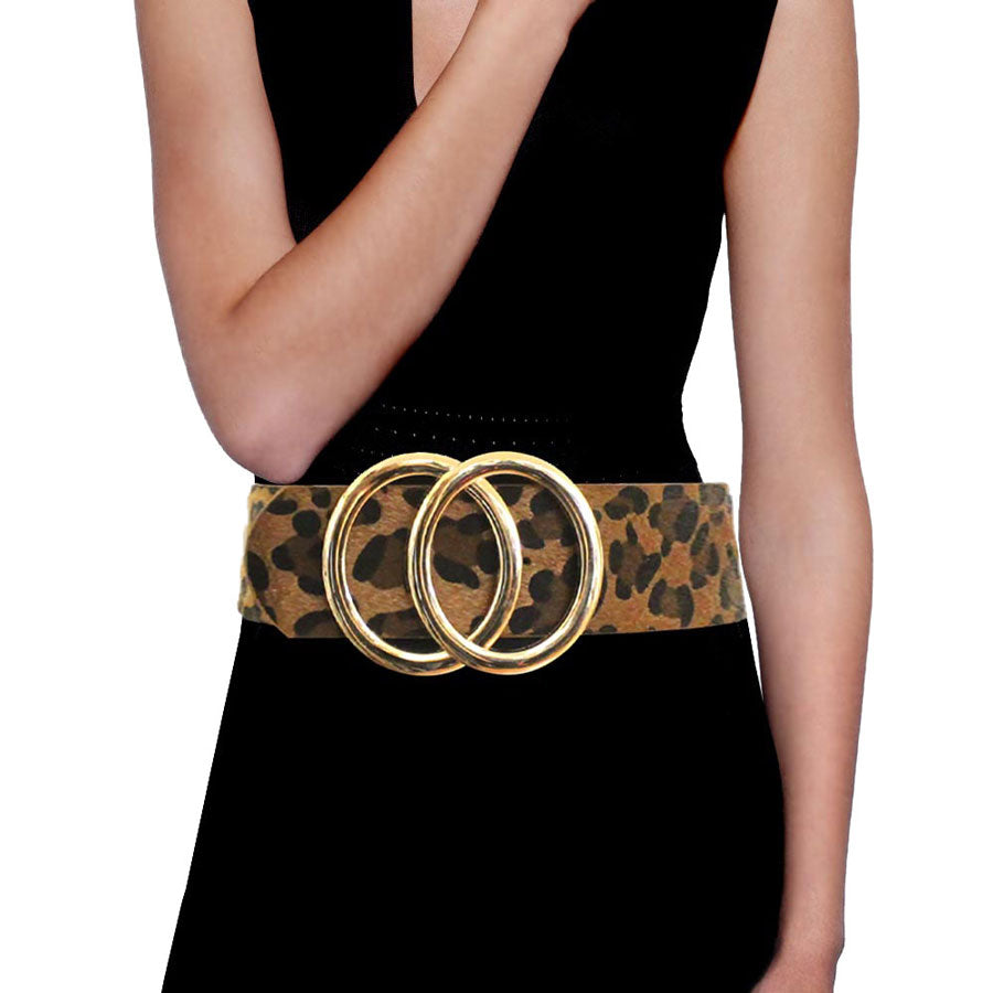 Double Open Metal Circle Buckle Accented Faux Leather Belt