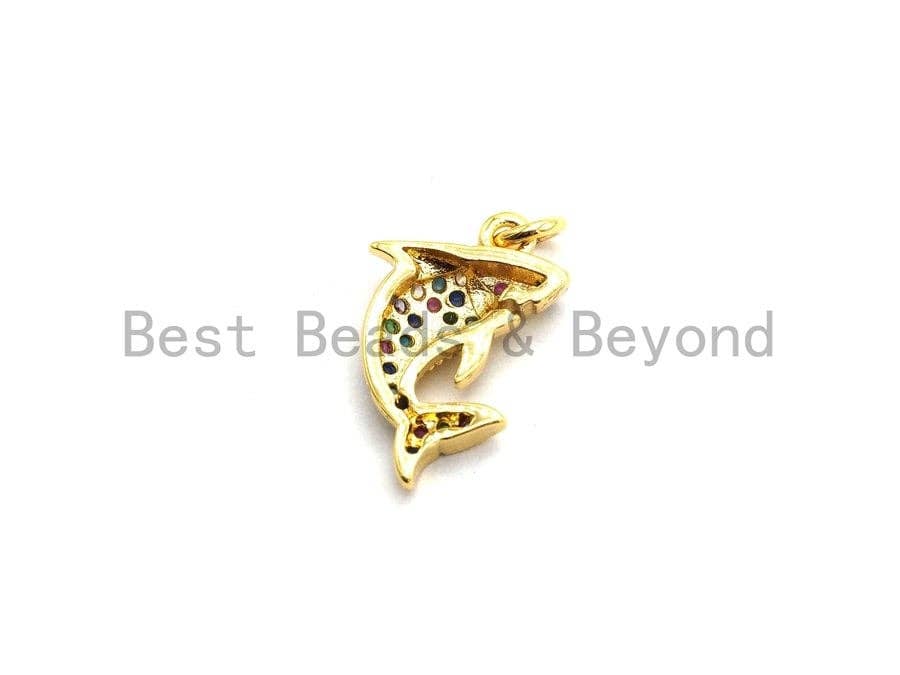 CZ Colorful Micro Pave Shark Pendant, Shark Shaped Pave Pendant, Gold plated, 10x15mm, Sku#F728