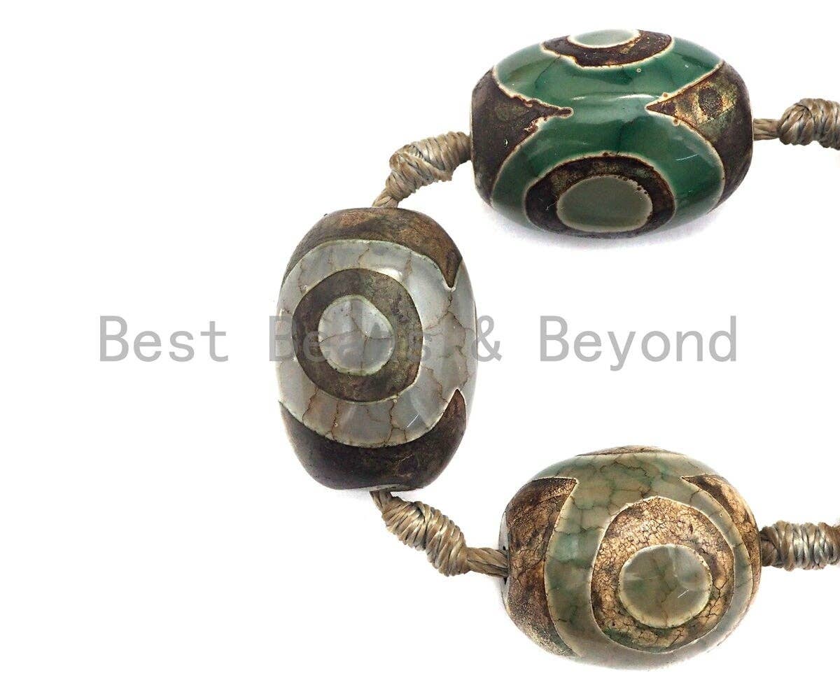 1pc/12pc Tibetan Barrel Agate Beads, Green Brown EYE Dzi Drum beads, Tibetan Eye Agate Beads, 15x20mm, sku#U530C
