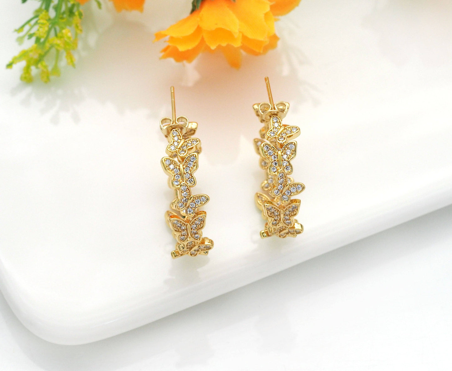 CZ Gold Butterfly Round Stud Earrings, Sku#J370