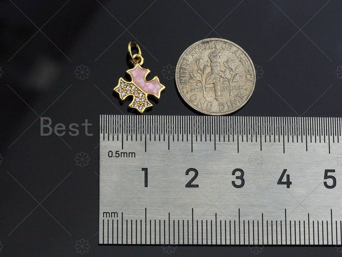 Clover Pink Pendant/Charm, Pink Mother-of-pearl Clover Pendant, Cubic Zirconia Pendant, Gold Tone, 12x13mm, Sku#LK67
