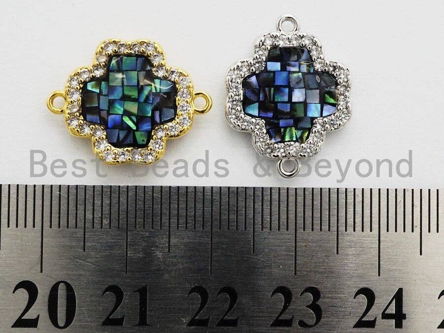 CZ Micro Pave Clover Connector with NATURAL Abalone Shell, Cubic Zirconia Space Connector, 15x20mm, 1pc,SKU#Z248