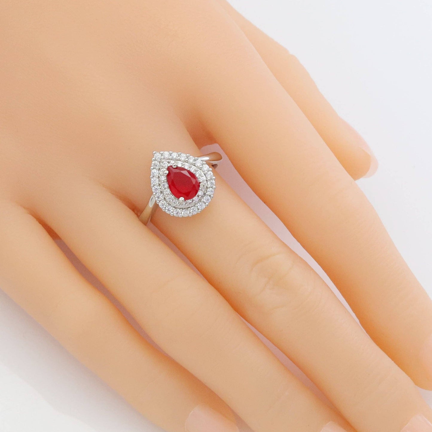 Red Teardrop CZ Silver Adjustable Ring, Sku#A160