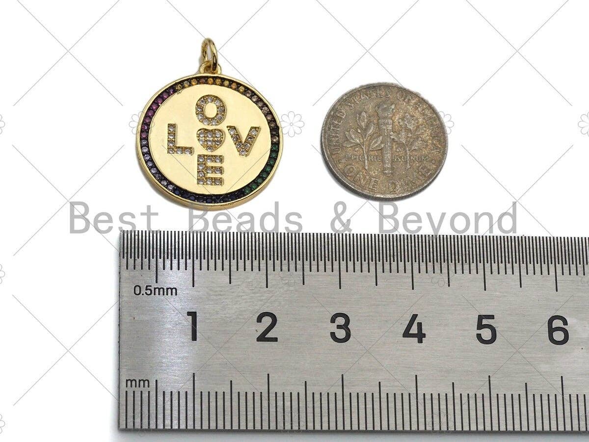 Multicolor CZ Micro Pave Love On Round Coin Pendant/Charm,Cubic Zirconia Paved Love Charm, Necklace Bracelet Charm Pendant,21x22mm, sku#L338