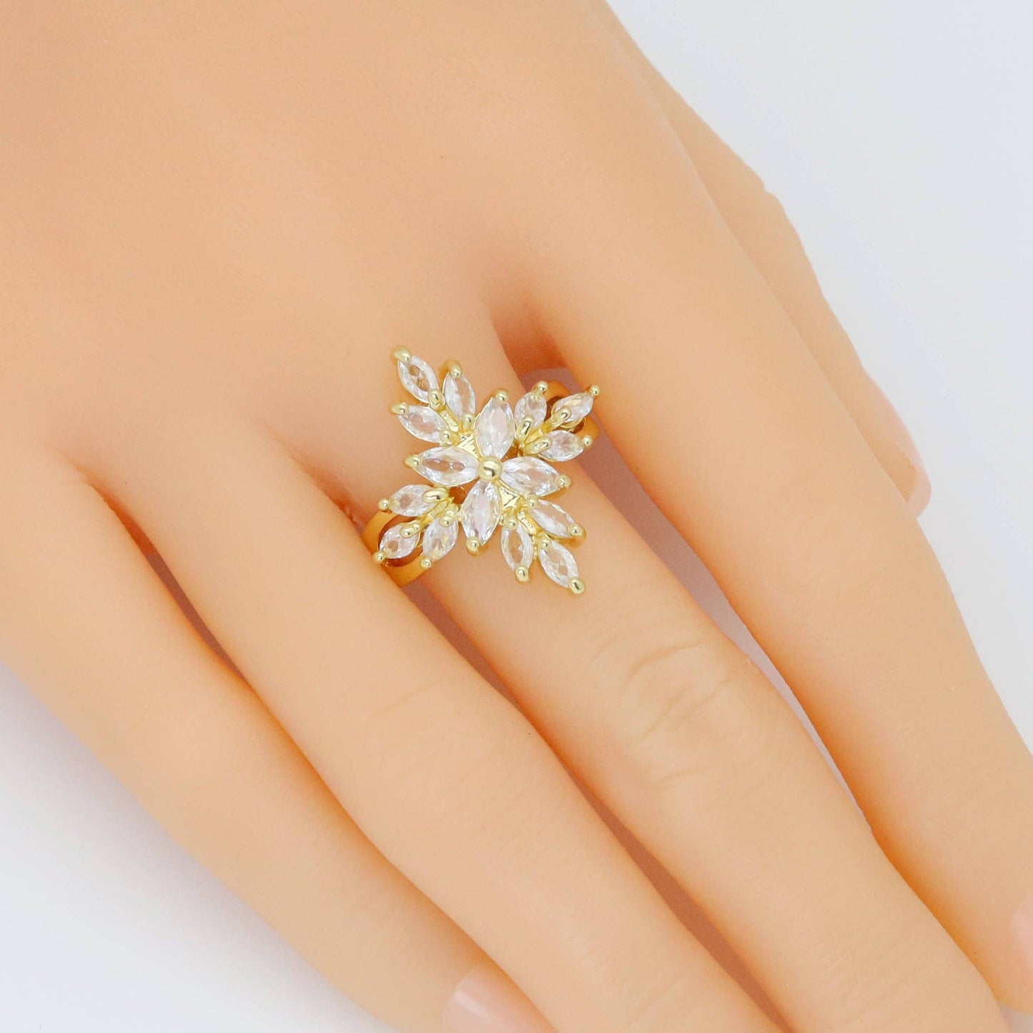 Baguette CZ Gold Flower Cross Statement Adjustable Ring, Sku#LD578