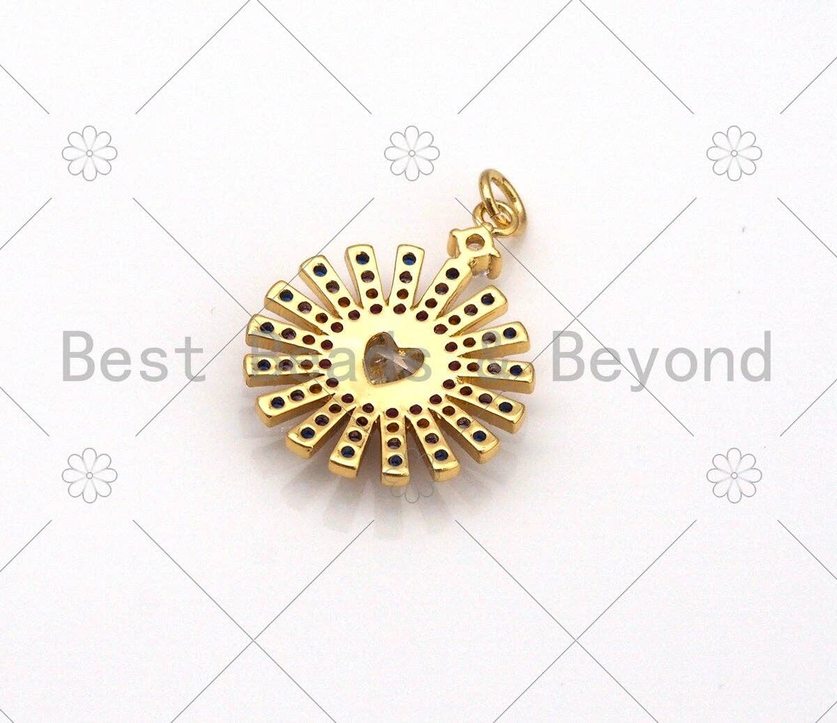Colorful CZ Micro Pave Sunflower with Big CZ Heart Shape Pendan,18K Gold Filled Flower Charm, Necklace Bracelet Charm, 26x19mm, Sku#LK434