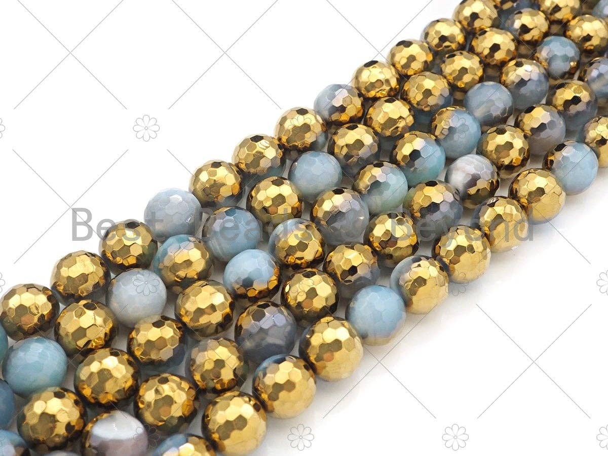 Half Gold Plated Blue White Agate Beads, 8mm/10mm/12mm Round Faceted Gold Blue White Agate, 15.5 Full Strand, sku# UA139