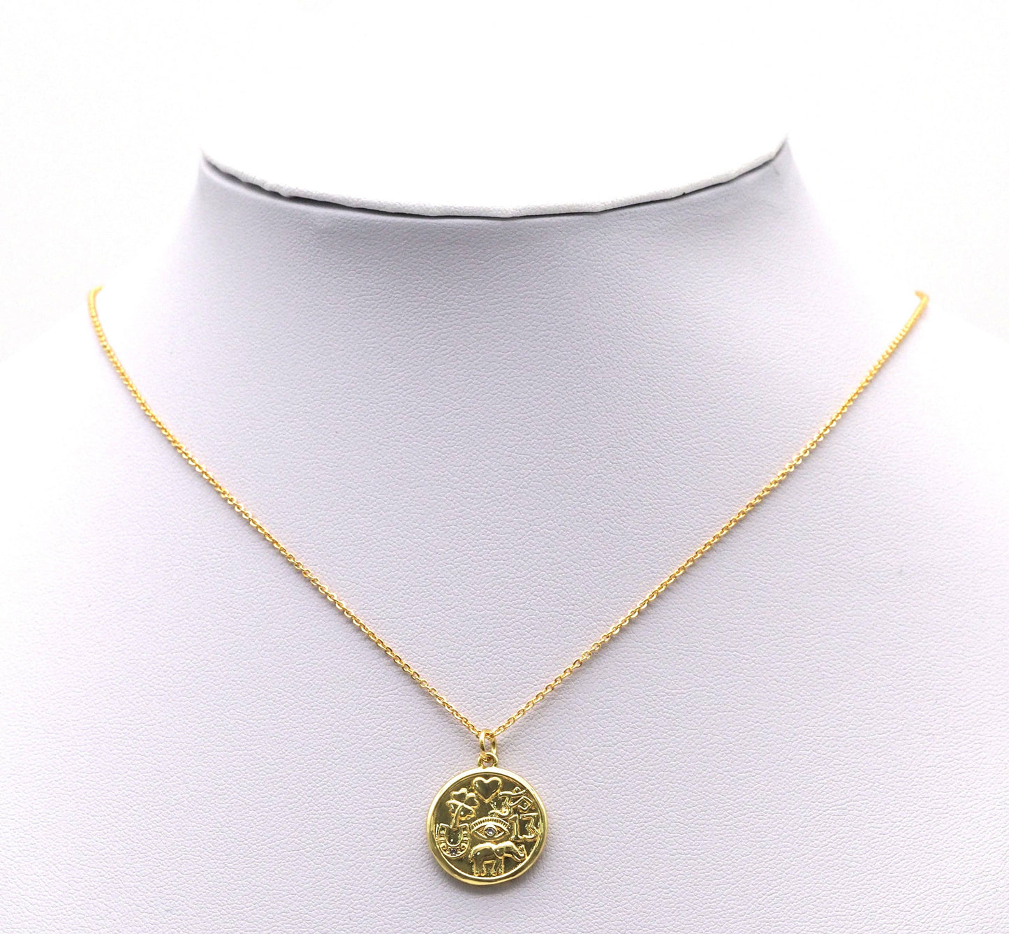 Gold Elephant Clover OM Evil Eye Heart Lucky Charm, Sku#LX107