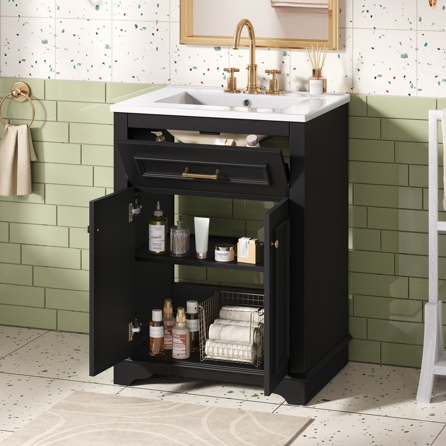 Bathroom Vanity With Integrated Sink, 2 Door Cabinet With Tip Out Drawer