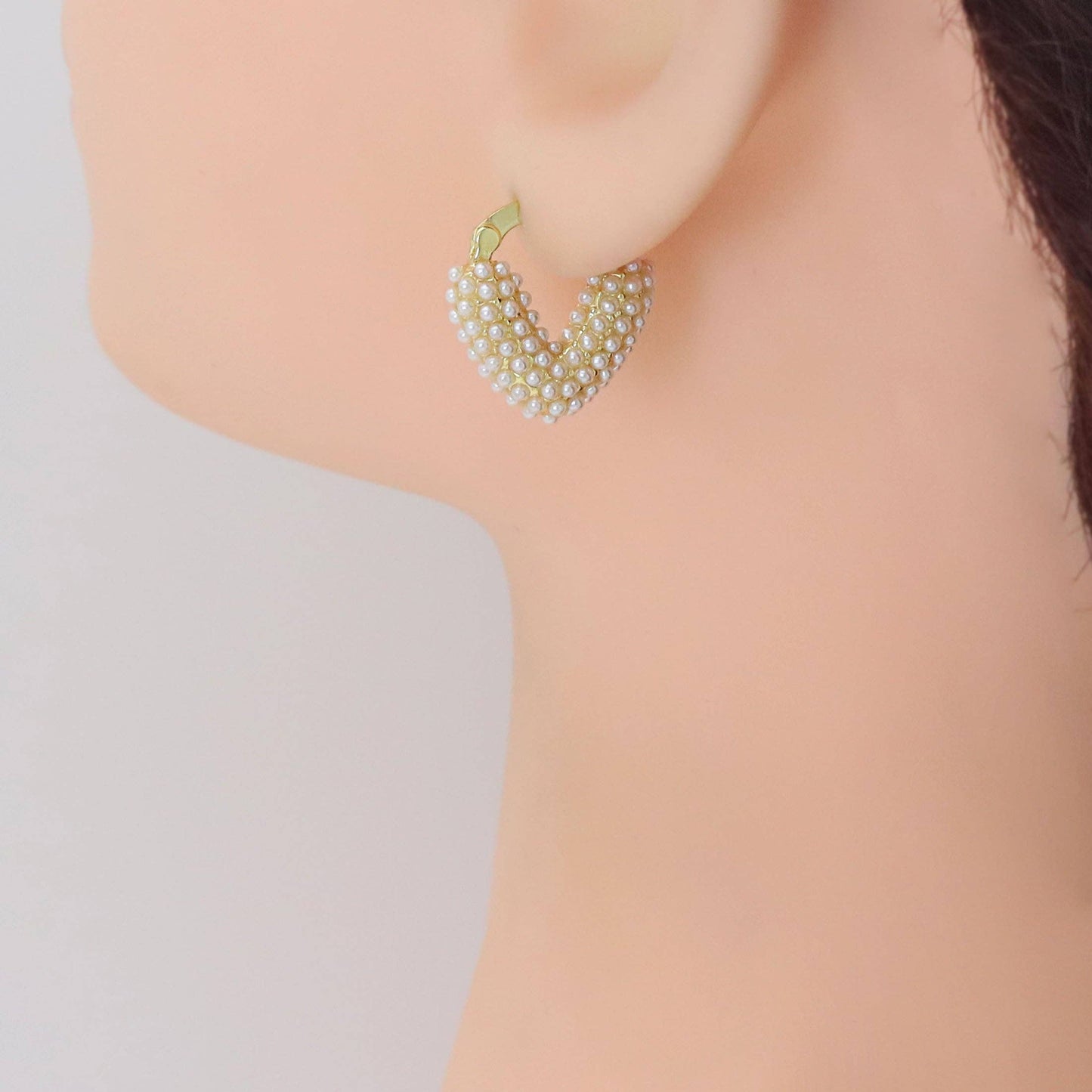 White Pearl Puffy V Shape Huggie Earrings, Sku#LD554